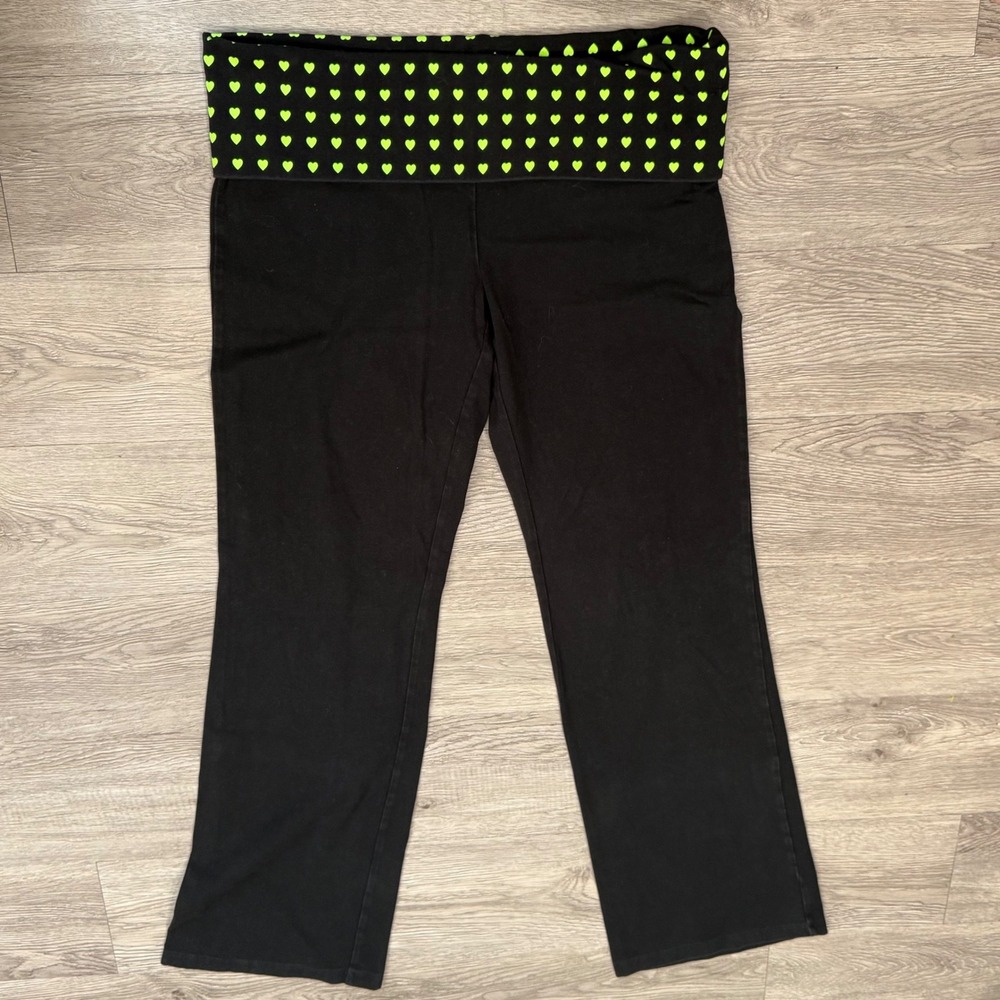 Pink Victorias Secret Yoga Pants Black Lime Green Heart Foldover Waist Bootcut L